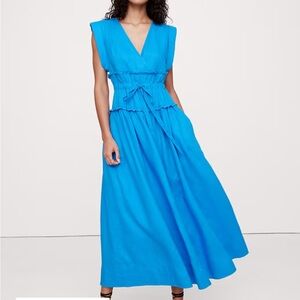 Banana Republic Blue Maxi Dress Linen women’s large ruffle belted sleeveless